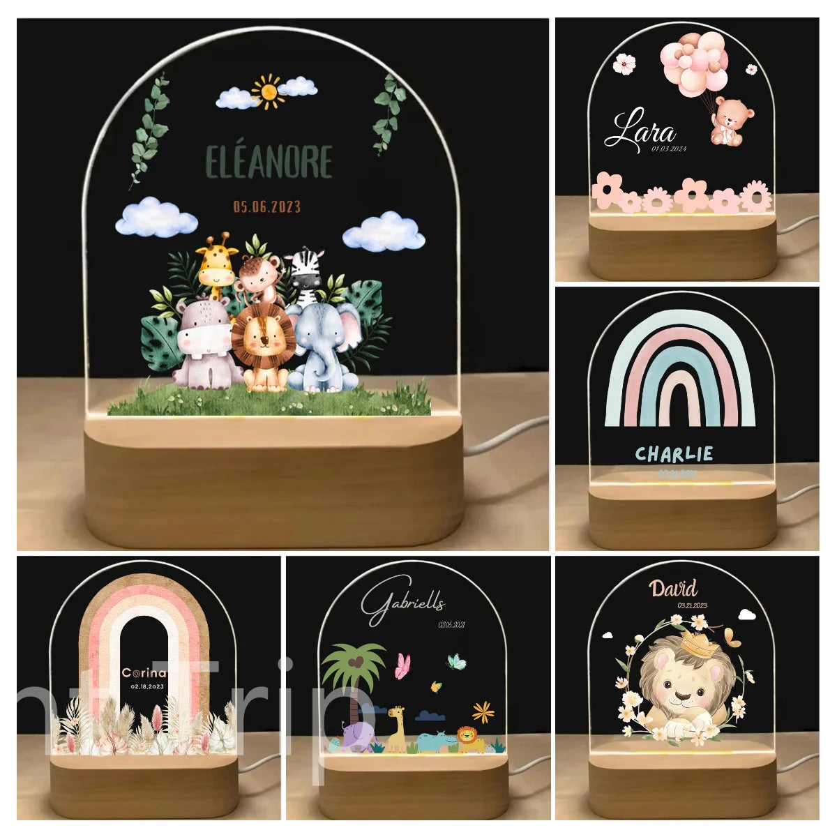 Personalized Baby Birth Night Light Custom Name Animal Rainbow with USB Wood Base Lamp for Bedroom Table Rainbow Decor