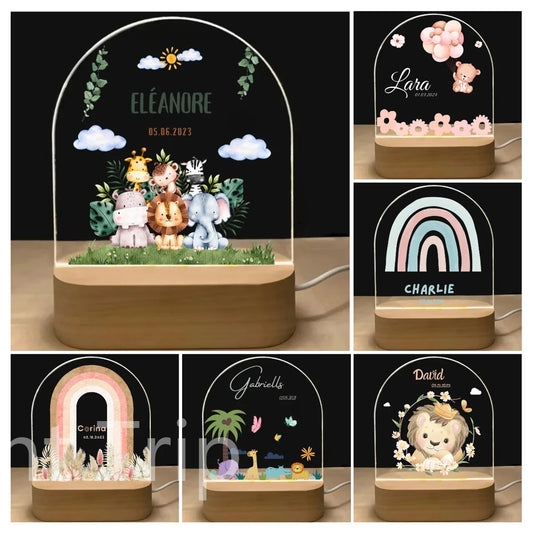 Personalized Baby Birth Night Light Custom Name Animal Rainbow with USB Wood Base Lamp for Bedroom Table Rainbow Decor