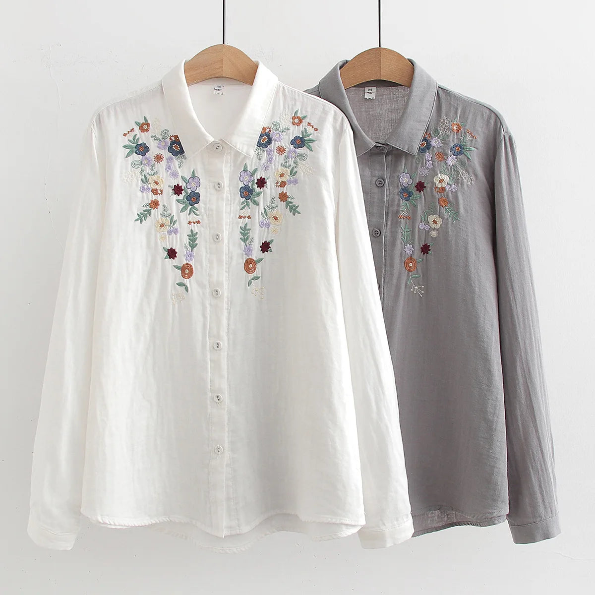 New Spring Double Cotton Yarn Shirts Women Turn-down Collar Loose Tops Girl Long Sleeve Embroidery Blouses 2024 Autumn T42909QM