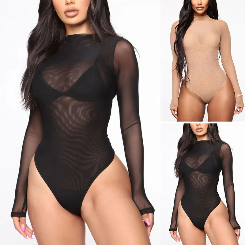 Sexy Women's Transparent Stretch Bodysuit Lingerie Underwear High Cut Skinny Bodycon Ladies Long Sleeve Sheer Jumpsuits