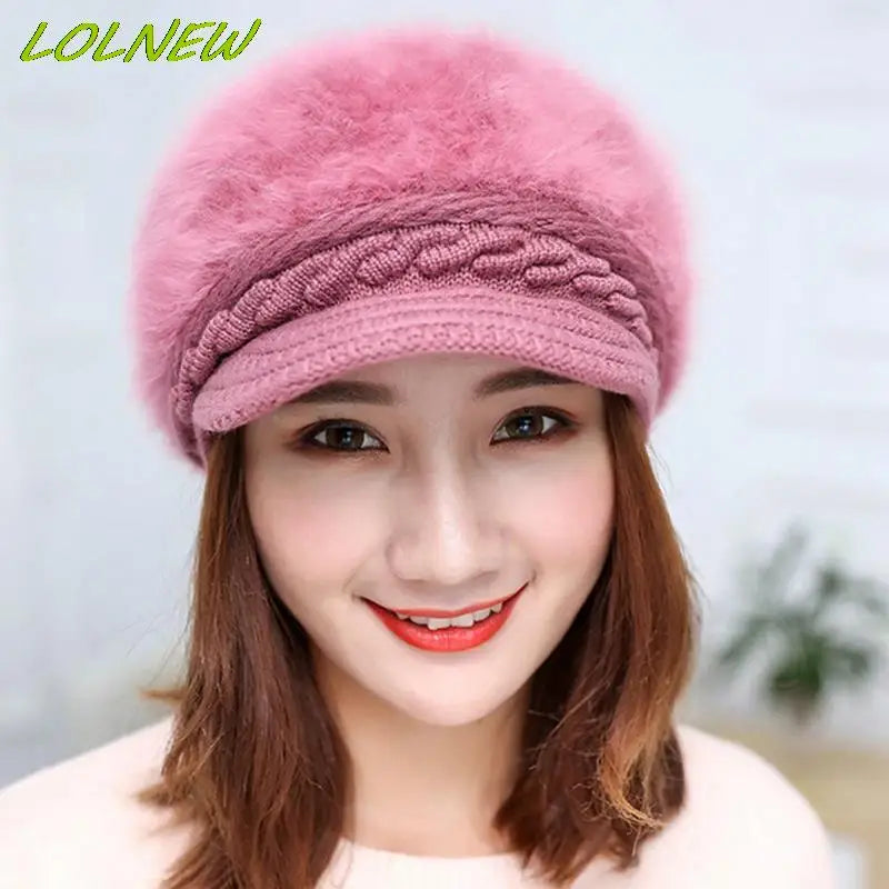 Winter Warm Beret Hat for Women Wool Knitted Hat for Mom Rabbit Fur Beret Solid Fashion Lady Cap Fall Hat Female Bonnet Caps