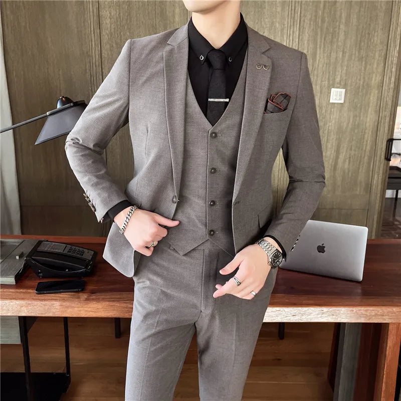 [Jacket+Vest+Pants] 2022 men's striped business suit jacket/men's slim cotton three-piece suit/men's plaid groom dress S-4XL