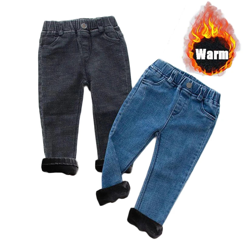 Baby Kids Spring Autumn Winter Thick Warm Jeans With Fleece For 1-7 Years Boys Girls Casual Denim Pants Kids Children Trousers