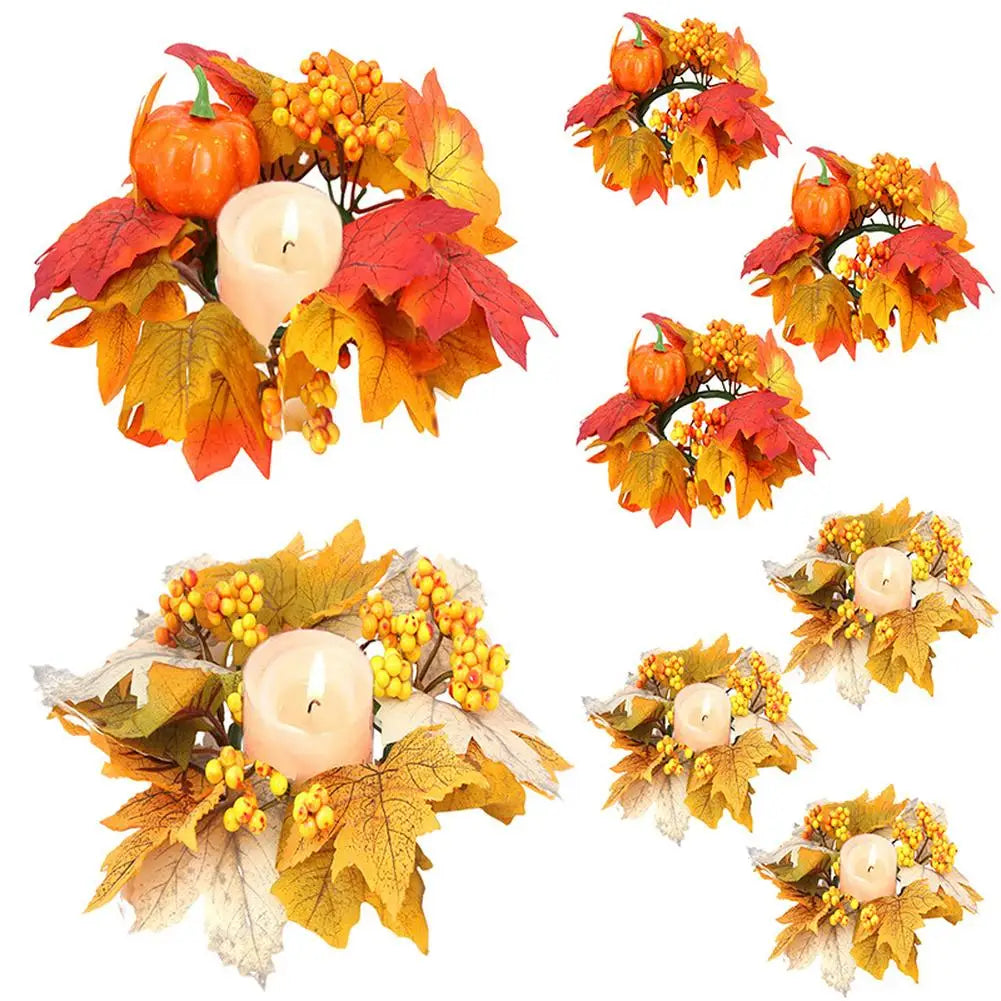 2 Pack Fall Candle Rings Wreaths 11" Artificial Maple Leaves And Berries Candle Rings For Farmhouse Halloween Table Decor