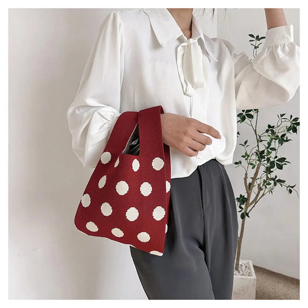 Fashion Polka Dot Knitted Bag Hollow Out Tote Ladies Female Woven Shopper Purse Women's Portable Handbag Key Phone Pouch