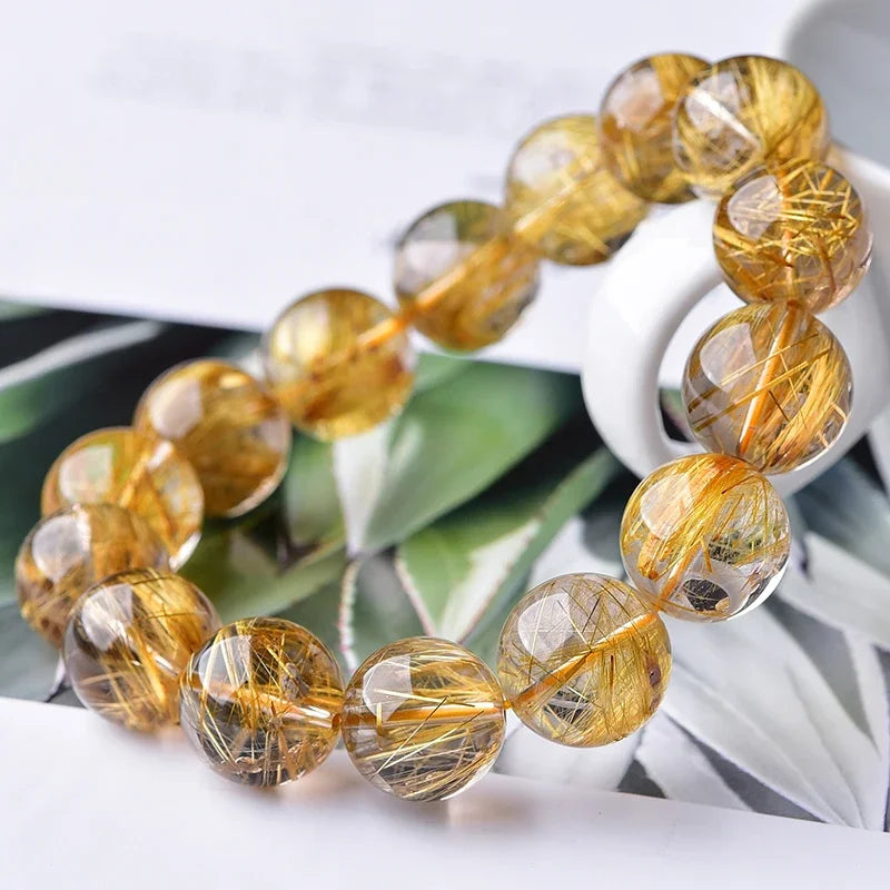 1PC High Quality Rutilated Quartz Crystal Bracelet Quartz Round Bead Exquisite Ladies Jewelry Healing Stone Bracelet for Women