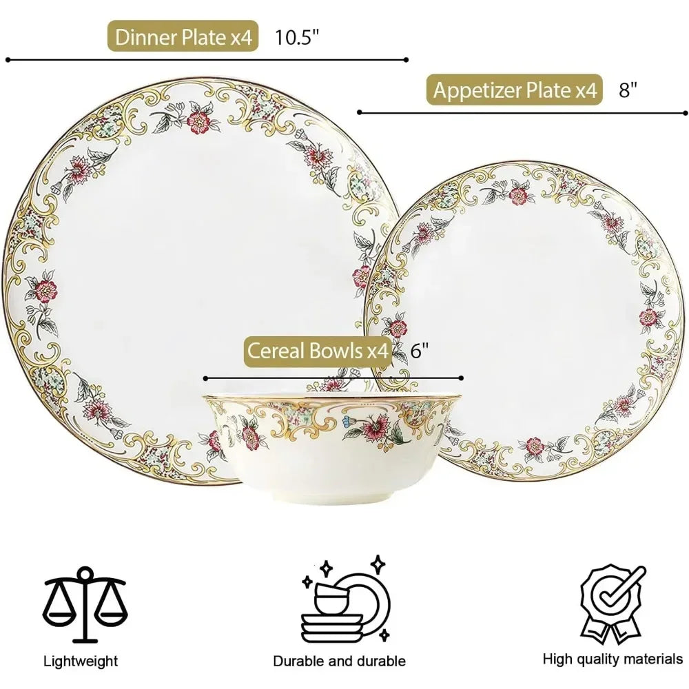 12 Piece Lightweight Bone China Dinnerware Set Plates and Bowls Set Women Gifts Dish Dinner Plate Ceramic Dishes to Eat Sets Bar