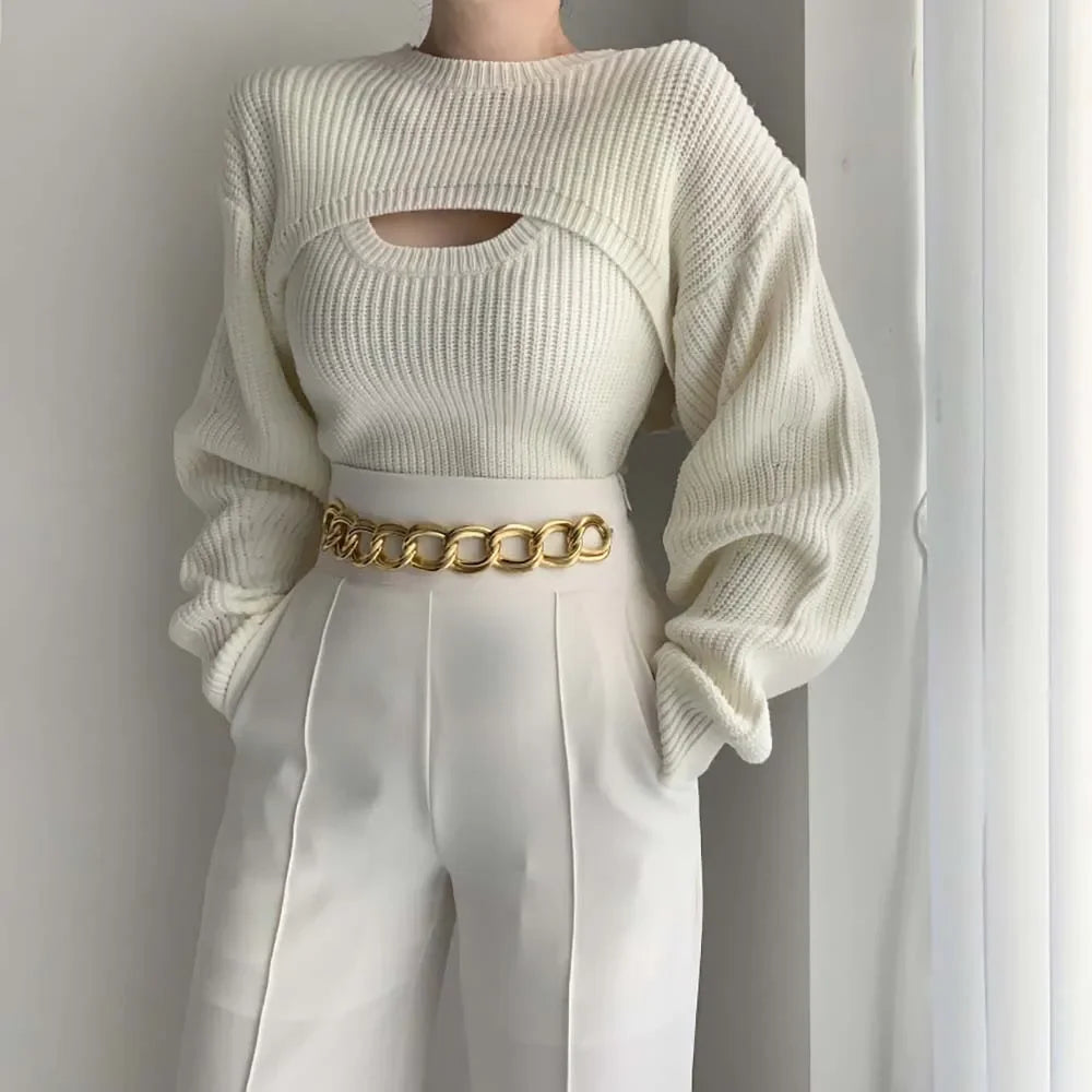 2023 Women Knit White Y2K Bolero 2 Piece Sweater Shrug Ladies Long Sleeve Fall Outfit Clothes Knit Wear Shrug Sweater Cardigan