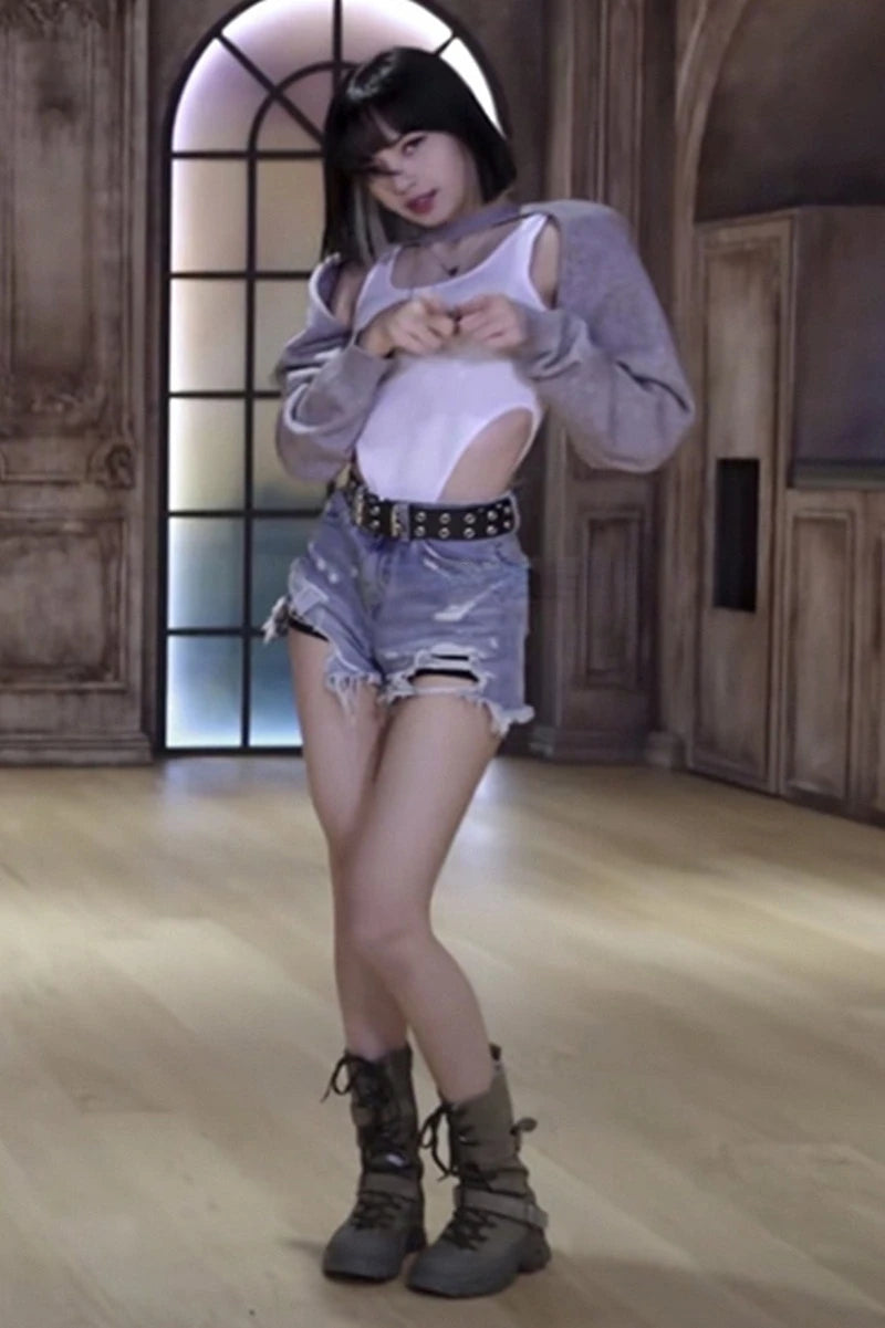 Kpop Girl Group LISA Jazz Dance Gray Slim Long Sleeve Hoodies Short White T-shirt Hip Hop Waist Denim Shorts Women Two Piece Set