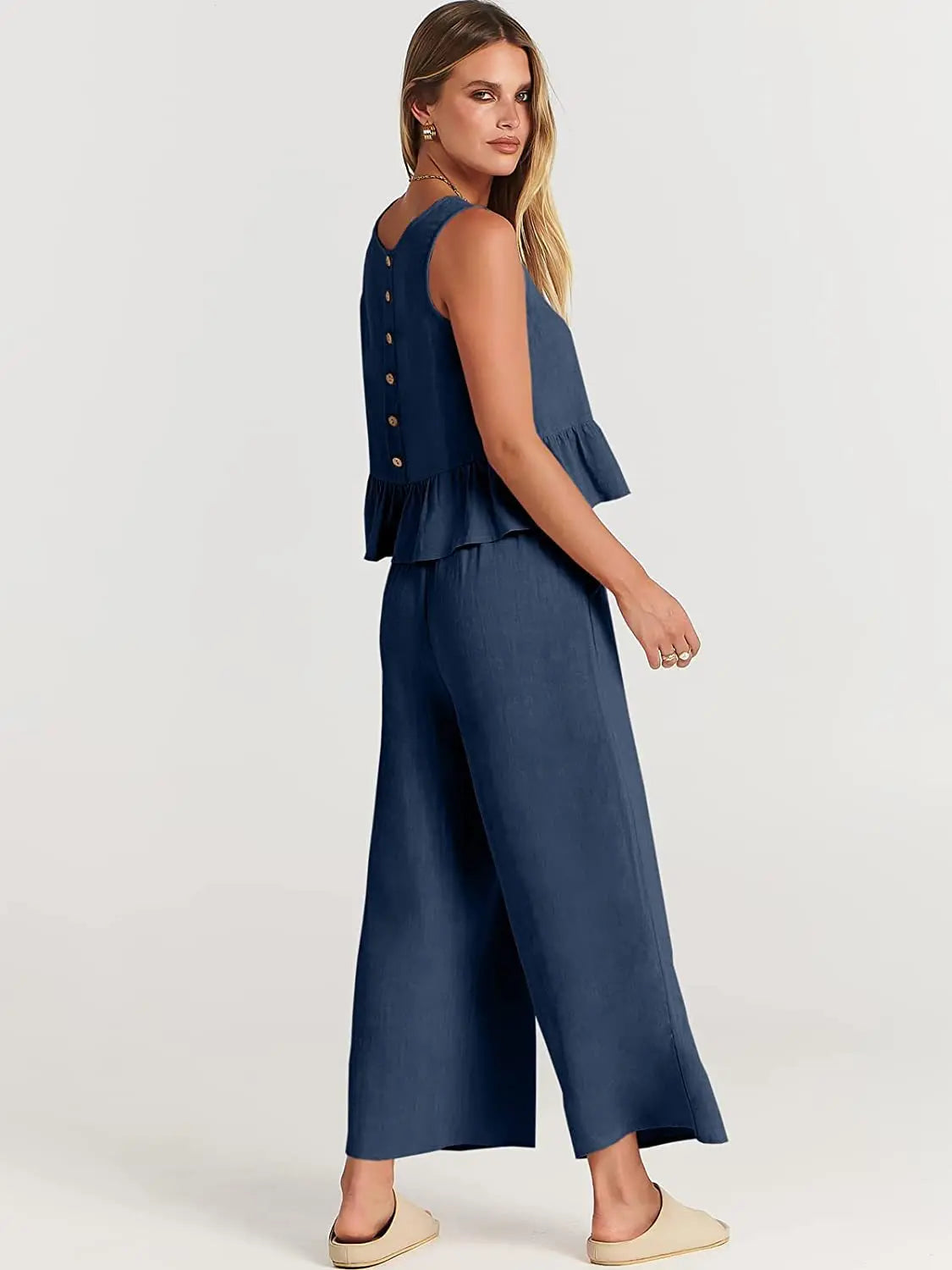 2024 Summer Two Piece Set Women Casual Sleeveless Pleated Pants Sets Wide-leg Loose Clothes 2 Piece Sets O Neck Trouser Suits