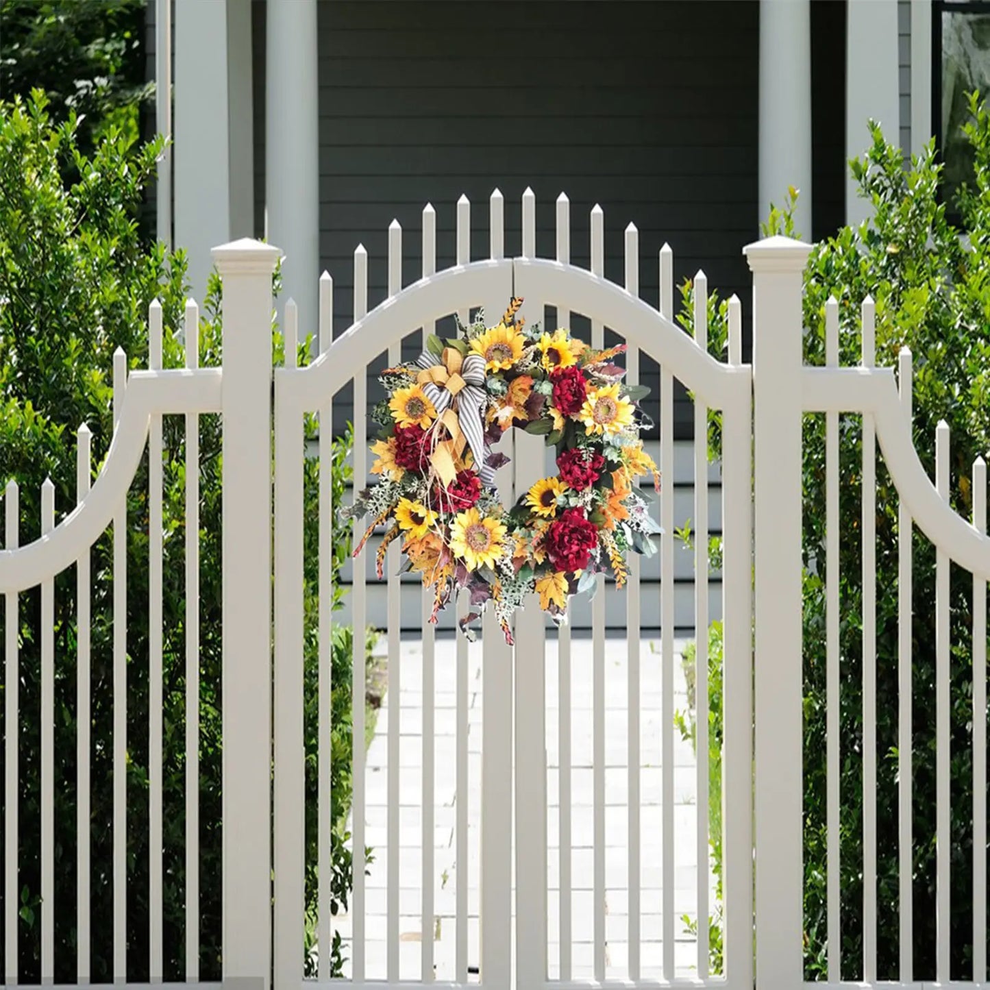 48CM Fall Wreath for Front Door with Sunflowers Autumn Decoration for Farmhouse Door Window Porch Harvest Halloween Thanksgiving