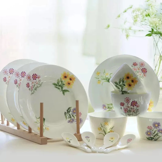 12pcs, fine bone china tableware, flower painting, korean style, porcelain dinner sets, ceramic kitchen dishes