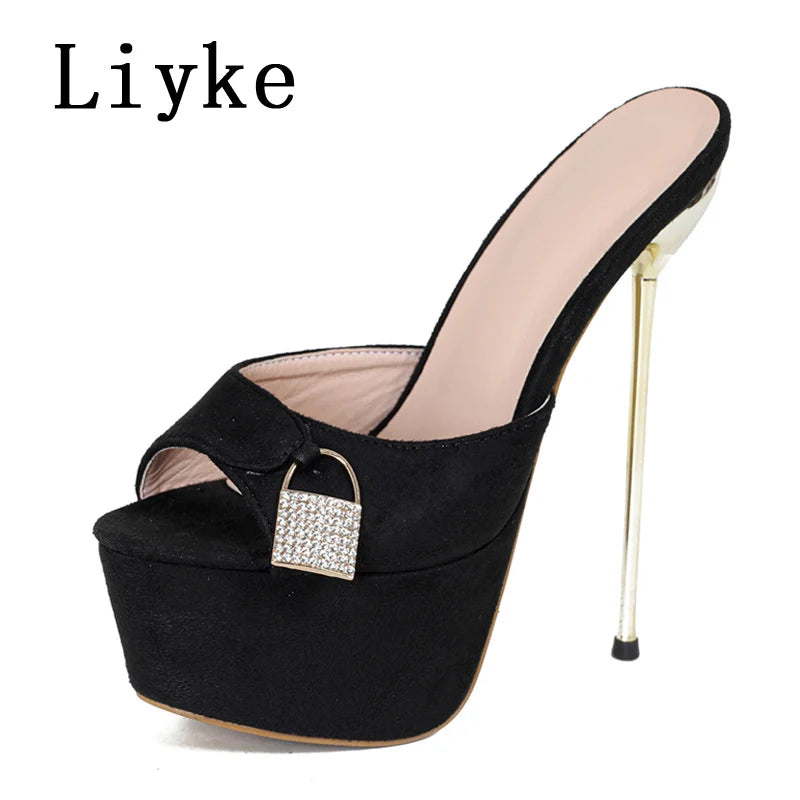 Liyke Summer Fashion Metal Extreme Platform Slippers Women Sexy Peep Toe Stiletto Heels Sandal Ladies Club Stripper Shoes Slider