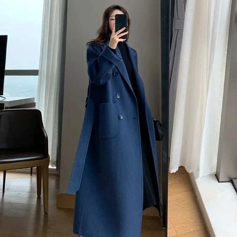 Elegant Belt Long Wool Blends Coats Oversize 90kg Korean Thick Winter Outerwear Double Breasted Woolen Chaquetas Warm Jacket