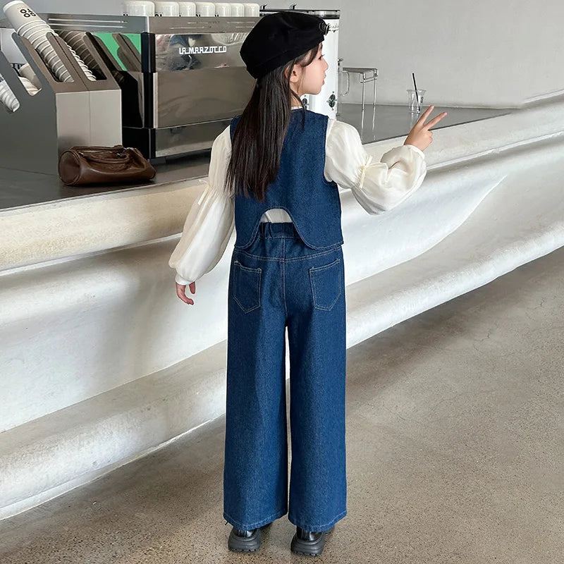 autumn teen girls denim suit Irregular cowboy vest+bubble sleeve shirt+denim wide leg pants junior kids jeans suit child outfits