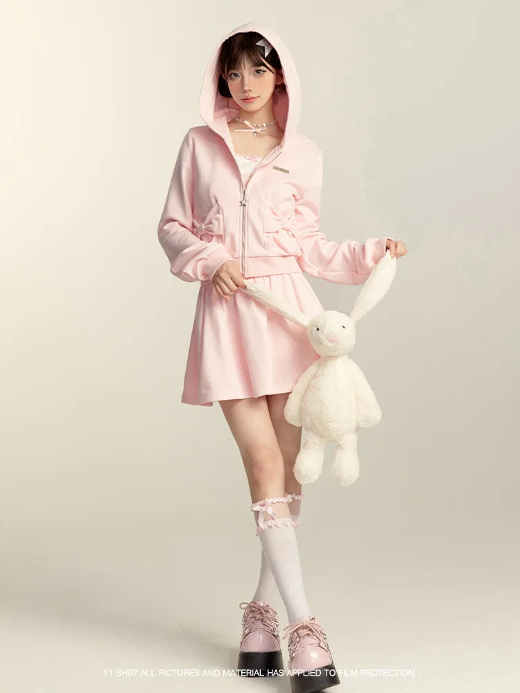 Japanese Style Sweet Pink Sweatshirt Set Y2k Girl Hooded Zipper Hoodies High Waist A-line Pleated Mini Skirt Two-piece Set Women