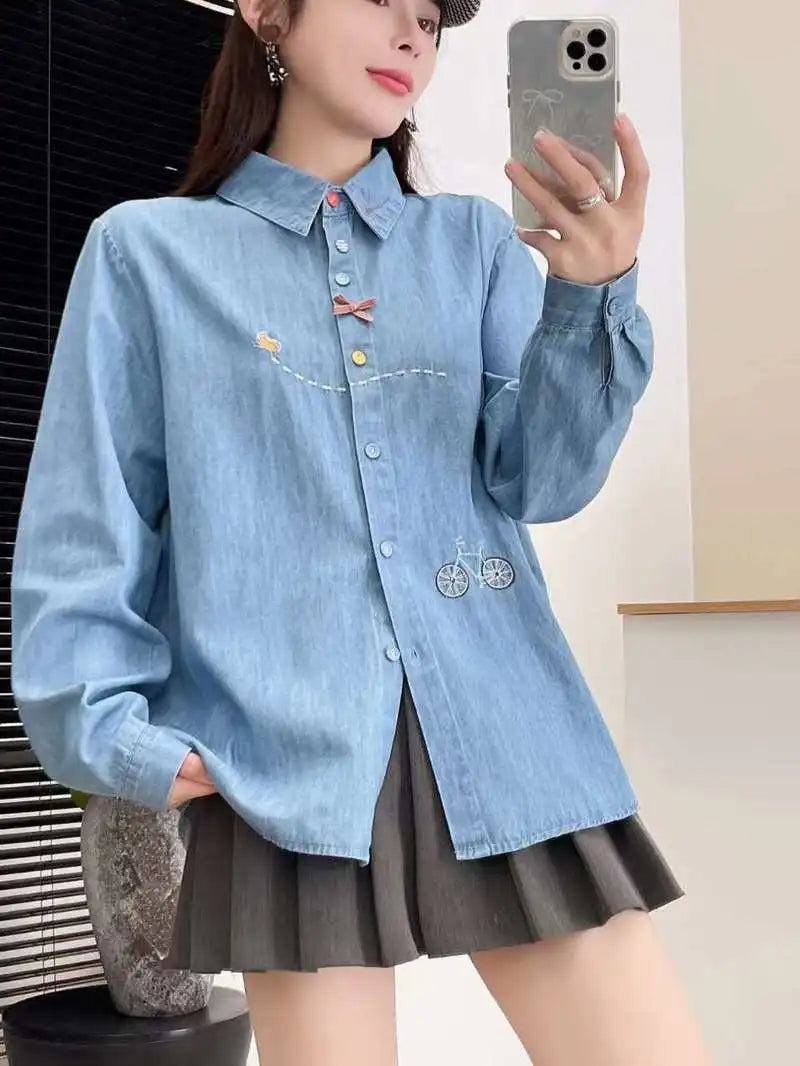 Mori girl style Japan fashion long sleeve lapel bike embroider denim shirts and blouses women jean shirt youthful woman clothes