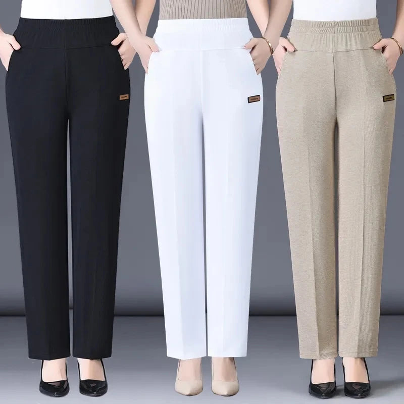 Lce Silk Mother Women Dress 2024 Summer Thin Middle-aged Elderly Plus Elastic Pants High Waist Ladies Casual pants Flat Pants