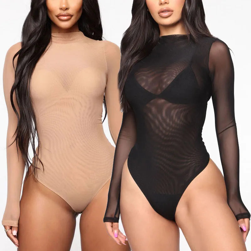 Sexy Women's Transparent Stretch Bodysuit Lingerie Underwear High Cut Skinny Bodycon Ladies Long Sleeve Sheer Jumpsuits