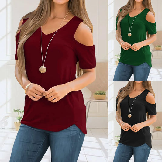 2022 Womens Summer T Shirt Elegant Casual Cute Cold Shoulder Short Sleeve V Neck Top Fashion Loose Plus Size Pullover Sling Tops