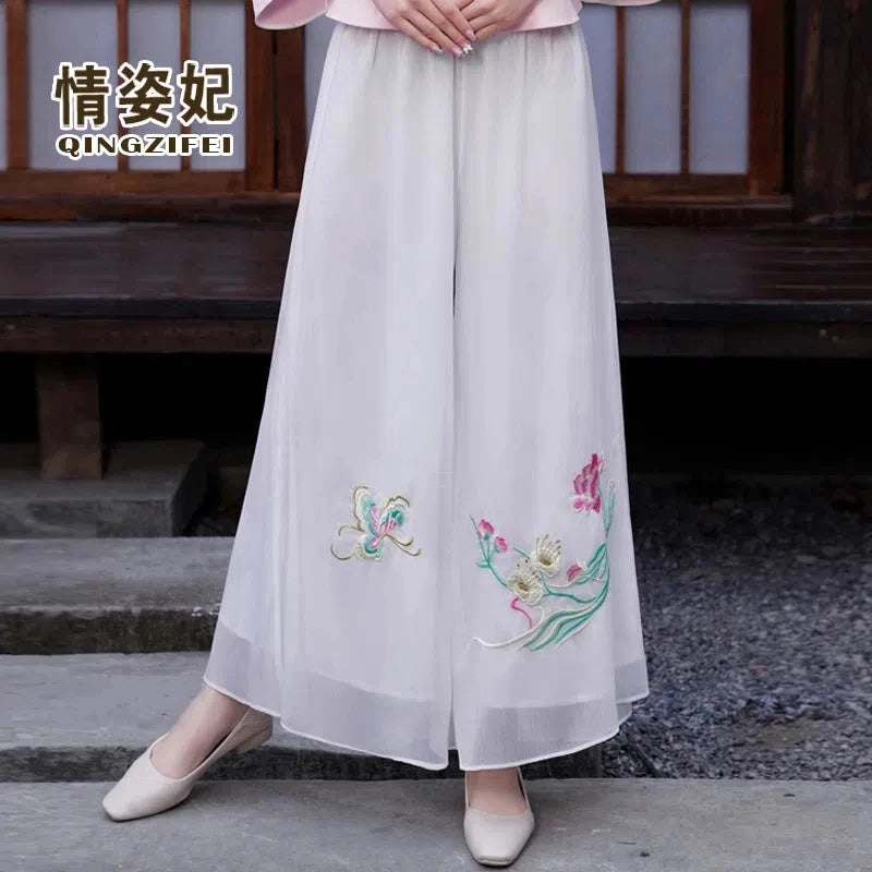 Spring Chiffon Embroidery Wide Leg Pants Woman Clothing High Waist Fashion Tang Dress Skirt Pants Female Vintage Chinese Style