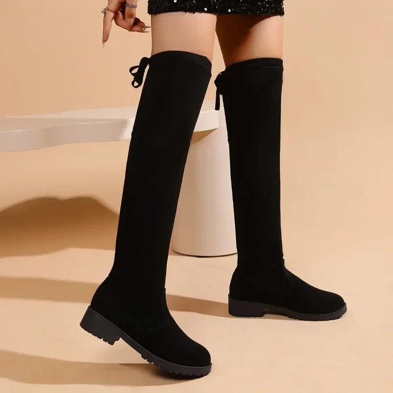 2024 Plus Size Shoes Female Knee-High Women's Boots Concise Modern Boots Women Round Toe Med Heel Back Lace-up Shoes Women