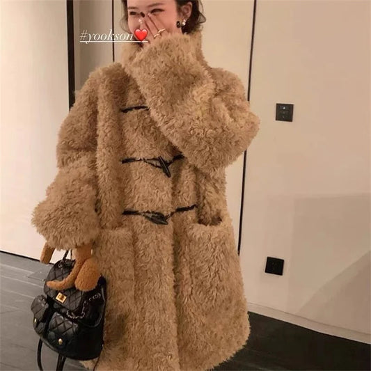 HEYGIRL Black Brother Teddy Pupu Chao Leather Loop Cow Horn Buckle Warm Loose Imitation Lamb Wool Coat for Women Cardigan Jacket