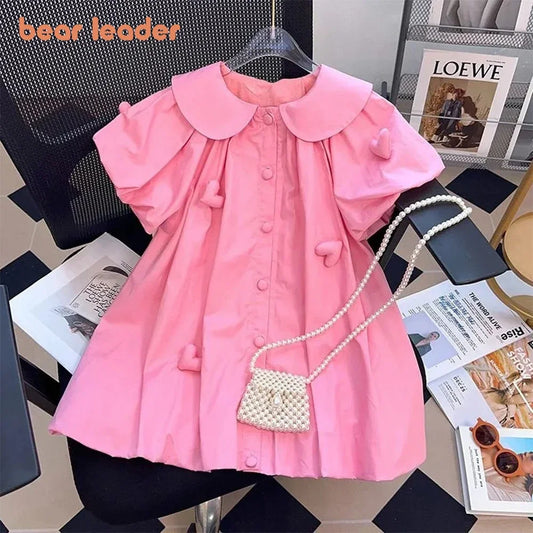 Bear Leader Girls' Dress Summer New Girls' Polo Collar 3D Love Decal Bubble Sleeve Dress Children's Princess Dress Fashion Dress