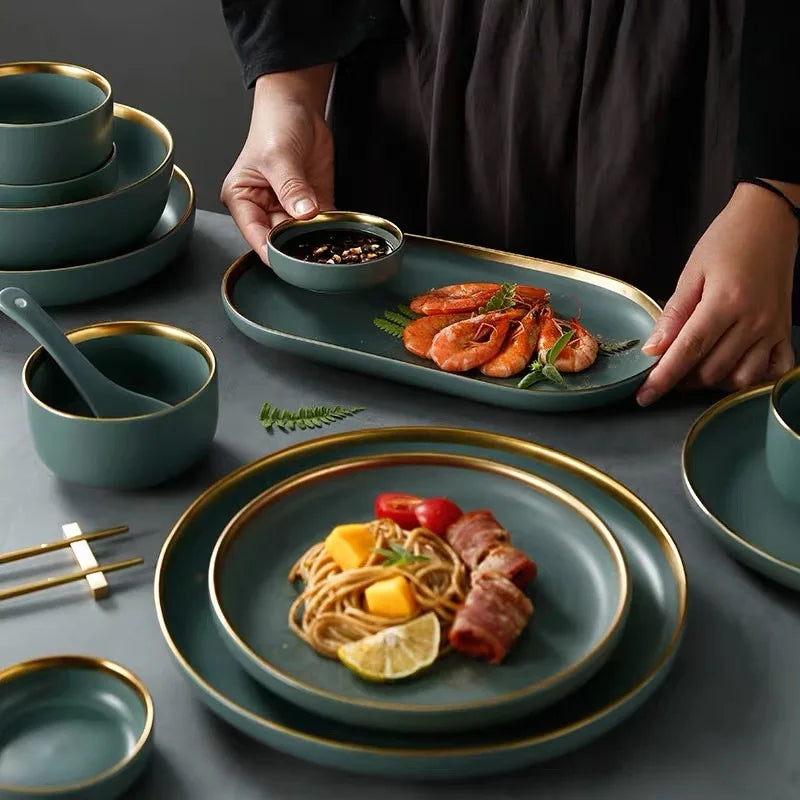 Ceramic Tableware Set Grey-green Tableware Dinner Dessert Steak Plate Cereals Bowl Plates and Bowls Set for Home Restaurant Gift