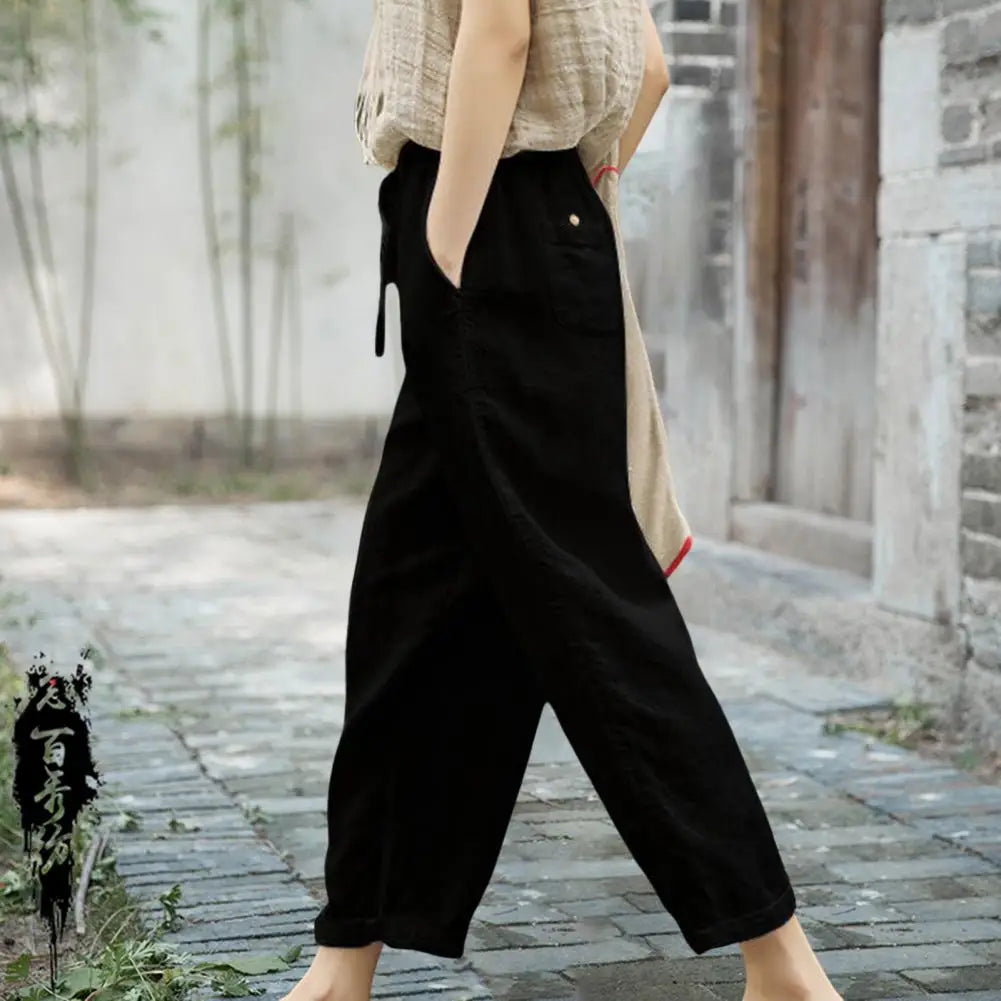 Trendy Ninth Pants Thin Lady Slacks Drawstring Casual Work Wear Loose Trousers  Versatile