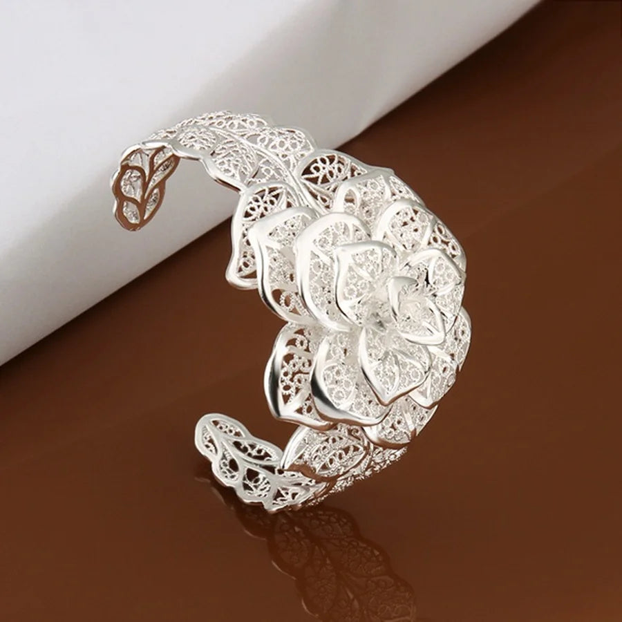 925 Sterling Silver jewelry bangle Hot engagement  exquisite retro charm hollow big women lady flowers openings bracelet