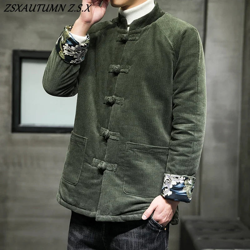 China Corduroy Jacket Men's Cotton-padded Jacket Ancient Style Winter Warm Padded Jacket Retro Chinese Coat Traditional Dress