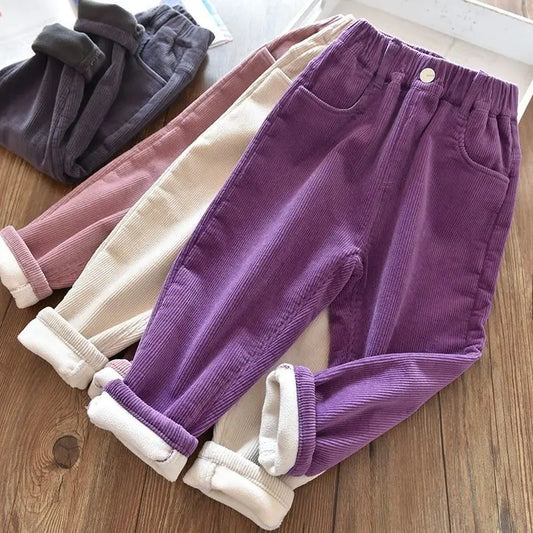 Girls' Boys' Pants Fall and Winter Outer Wear Fleece-Lined Thickened Winter 2023 New Children's Corduroy Trousers