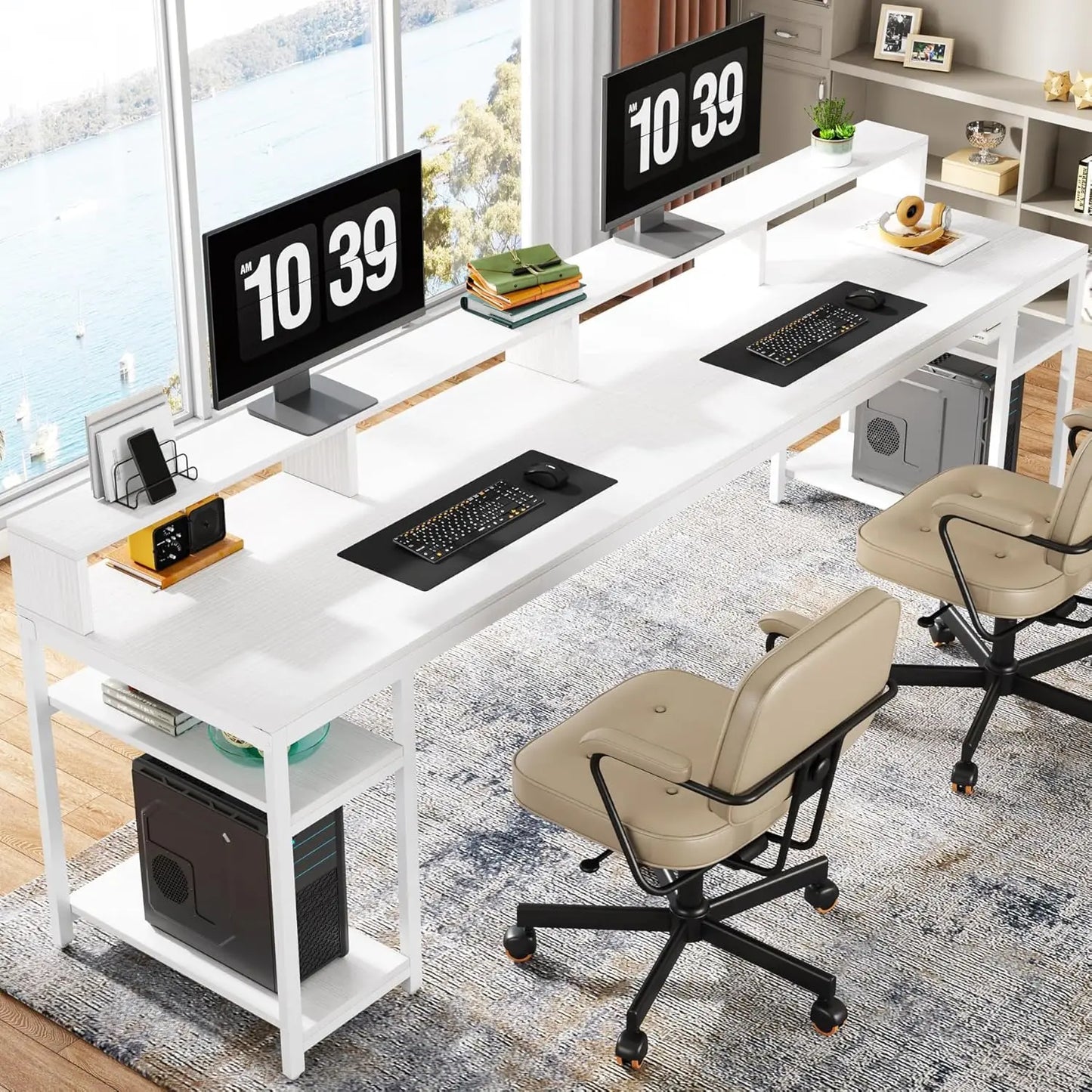 Two Person Desk with Monitor Stand, 78.74" Long Double Computer Office Desk with Storage Shelves, Large Gaming Desk Study