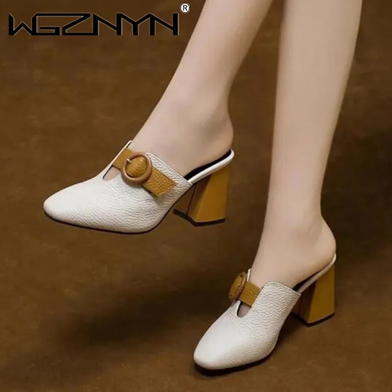 Women High Heeled Platform Half Slippers Leather Mules Femme Pointed Toe Feminino Office Ladies Chaussure Elegant Backless Shoes
