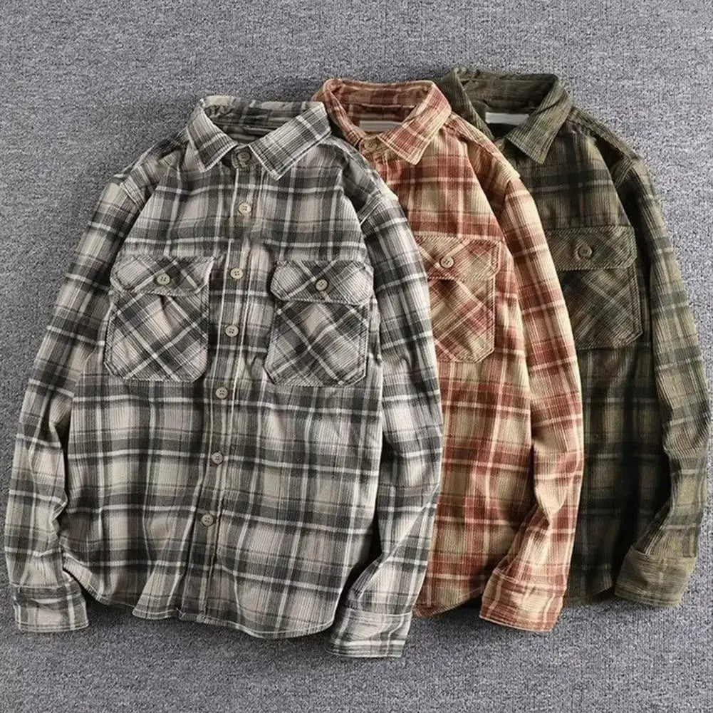 Single-breasted Shirt Men's Plaid Print Cardigan Shirt Coat for Fall Winter with Turn-down Collar Single-breasted Design Stylish