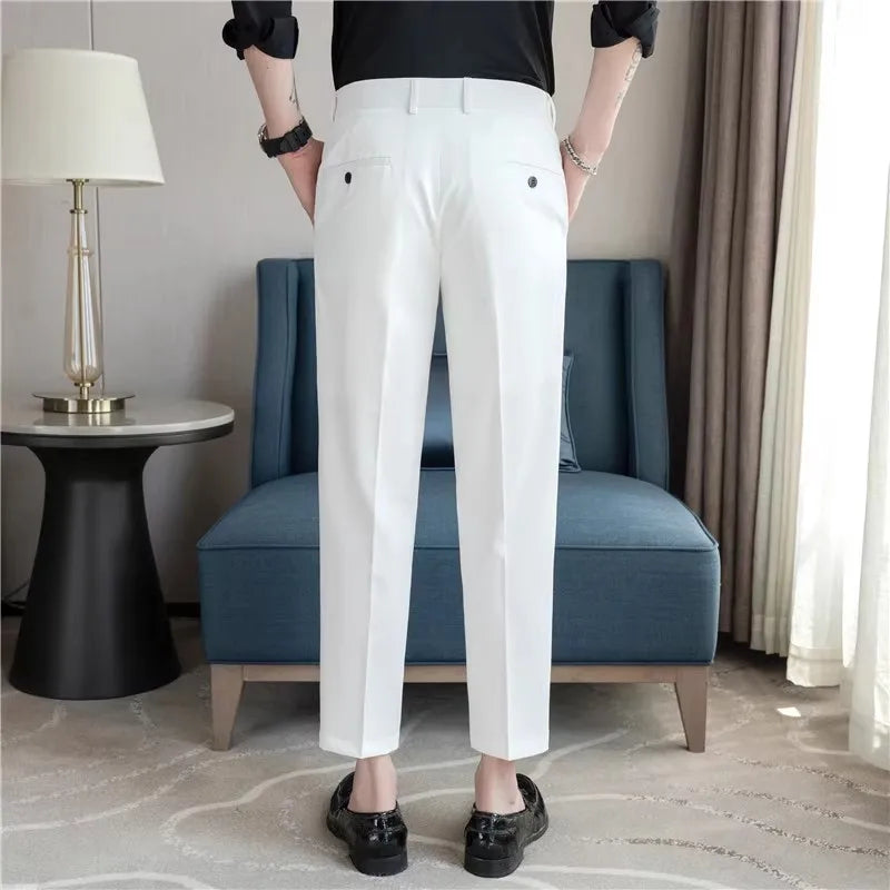 New Summer Men’s Suit Pants Solid Color Korean Slim Smart Casual Ankle-Length Pants Men Wedding Dress Office Suit Trousers Man