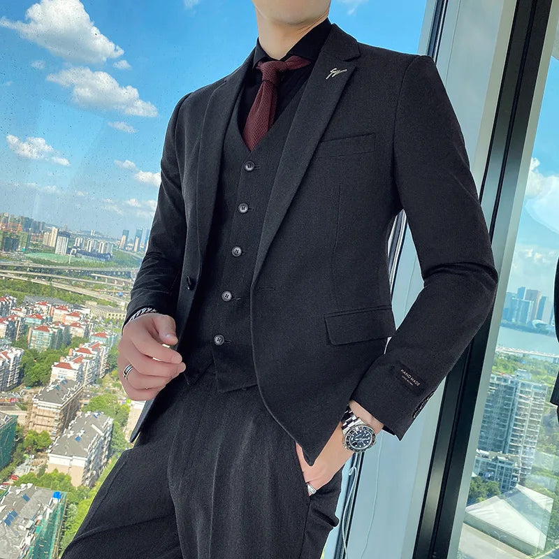 (Jackets+Vest+Pants) 2022 New Men's pure cotton business Blazers/Man slim fit three-piece casual suit/Fashion groom dress S-3XL