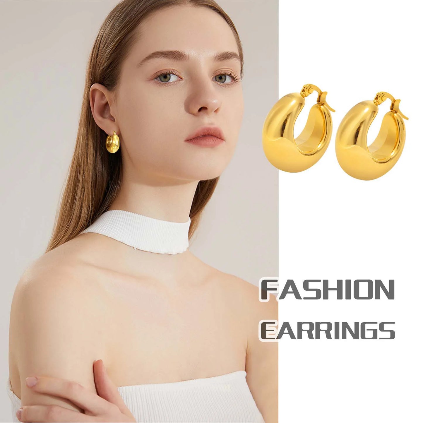 SKU Trendy Chunky Stainless Steel Hoop Earrings for Women Girls Lady, Dainty Gold Color Half Hollow Round Circle Ear Jewelry