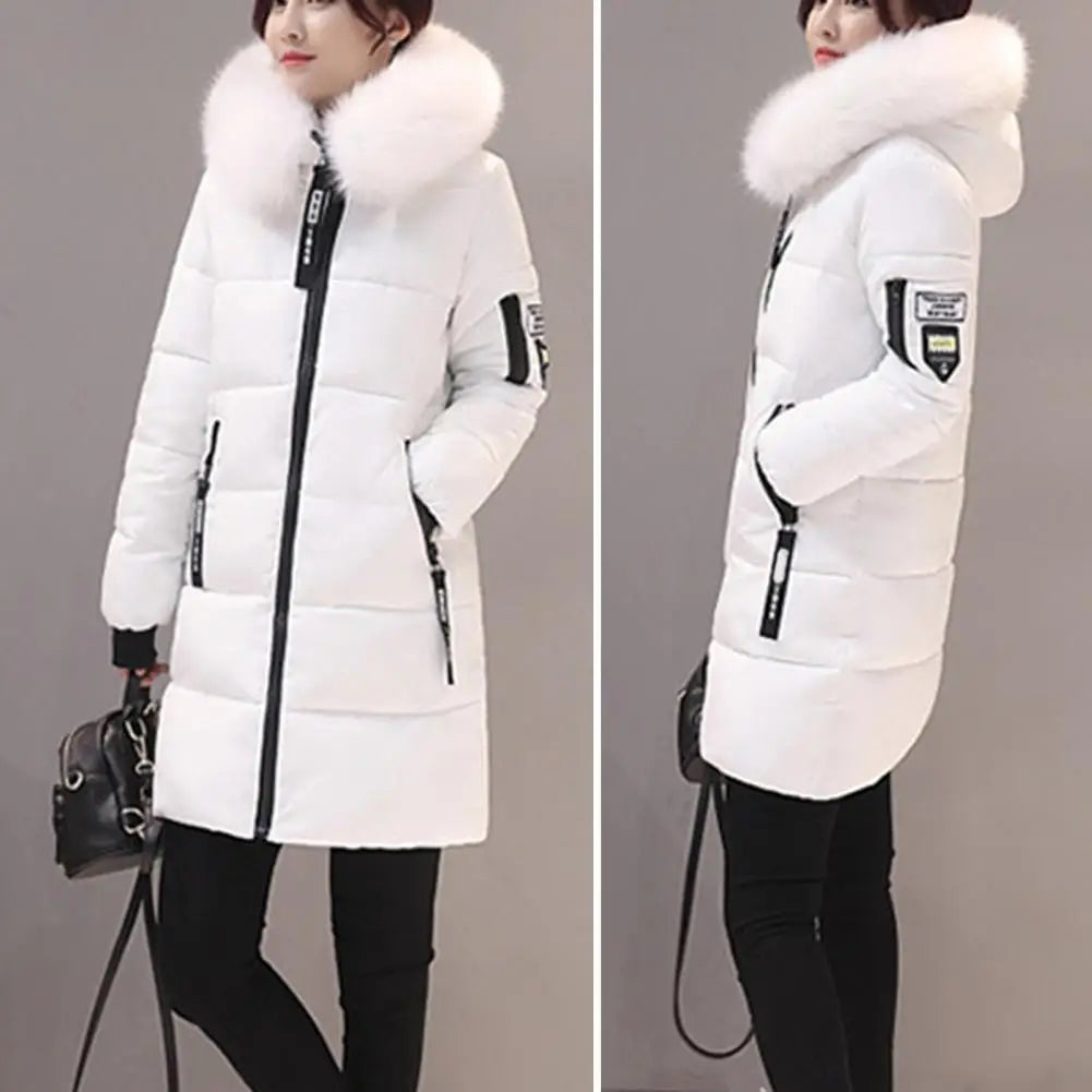 Women Winter Cotton Coat Hooded Mid Length Outerwear Windproof Warm Long Sleeve Jacket Solid Color Slim Fit Lady Down Coat