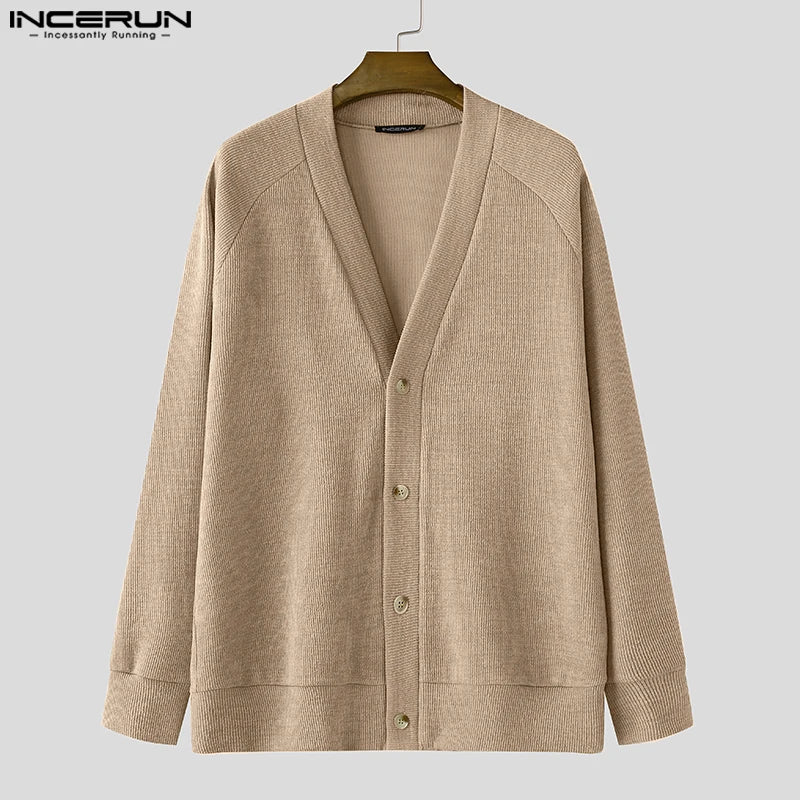 2024 INCERUN Korean Fashion Long Sleeve Tops Men V-neck Elegant Cardigan Vintage Style Simple Coats Warm Loose Sweaters S-5XL