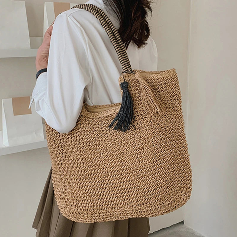 Big Straw Weave Tassel Tote Summer Beach Bags for Women 2024 Large Capacity Fashion Shoulder Bag Lady Handbags and Purses