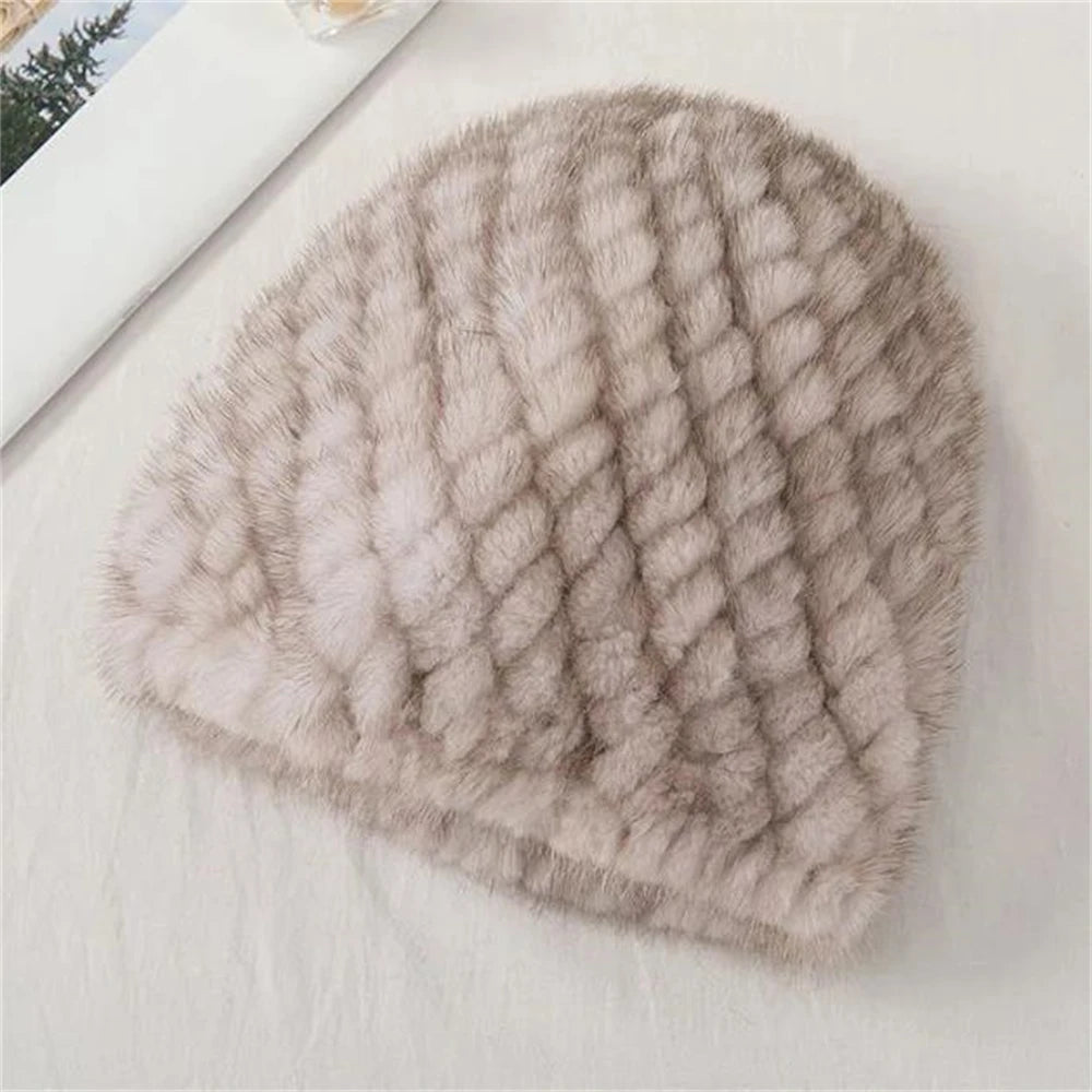 Mink Fur Skullies Beanies Hats for Women Striped Double-Deck Thick 100% Mink Warm Stretch Ear Protection Ladies Fall Winter Hot