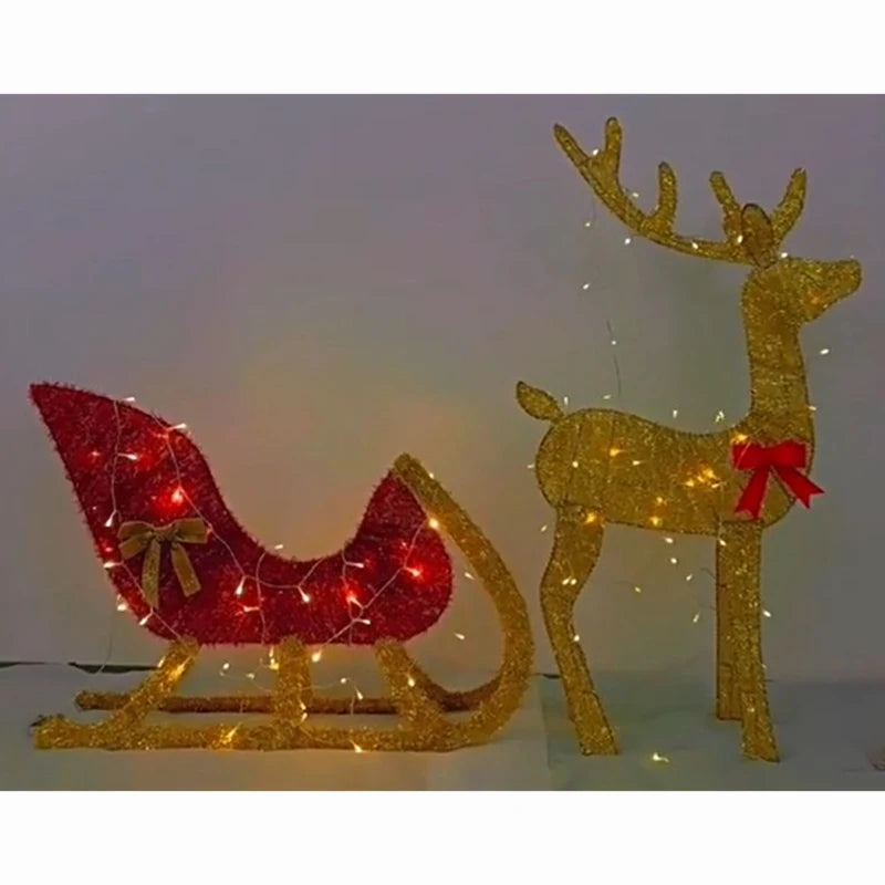 Lighted Christmas Reindeer and Sleigh Outdoor Yard Decoration Set with Lights Stakes Holiday Decorations Ornament Xmas New Year