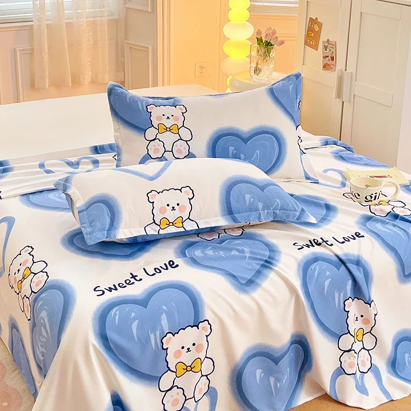 Cute Cartoon Bear Bed Sheet Set Love Heart Print Flat Sheet & 2 Pillow Sham Luxury Bed Cover Soft Top Sheets Decorative Bedding