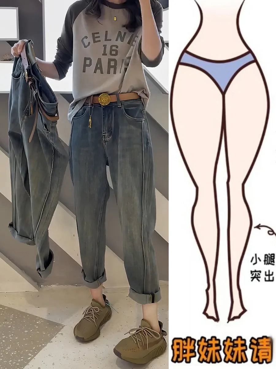 Pear-shaped Harun Jeans Female 2023 Spring New Fat Mm Daddy Pants Big Size High Waist Thin Radish Pants Y2k