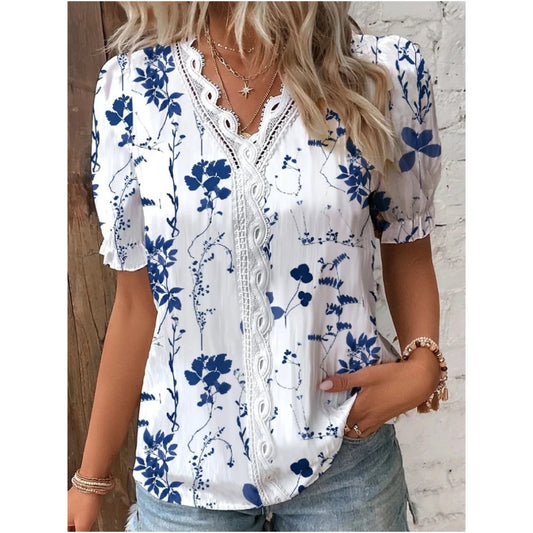 2024 new women's top summer comfortable and casual V-neck lace patchwork printed short sleeved shirt shirt women's clothing