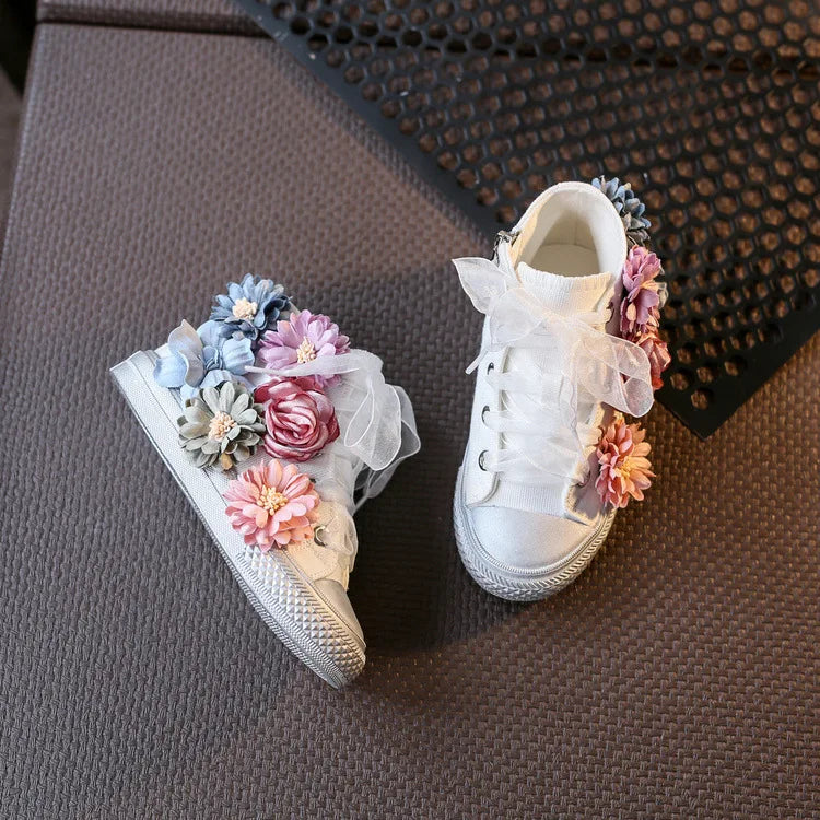 Beading Kids Shoes Low Top Autumn Children's Shoes Korean Flower Girls Canvas Shoes Casual Lace High Top Sneakers Sider Zipper