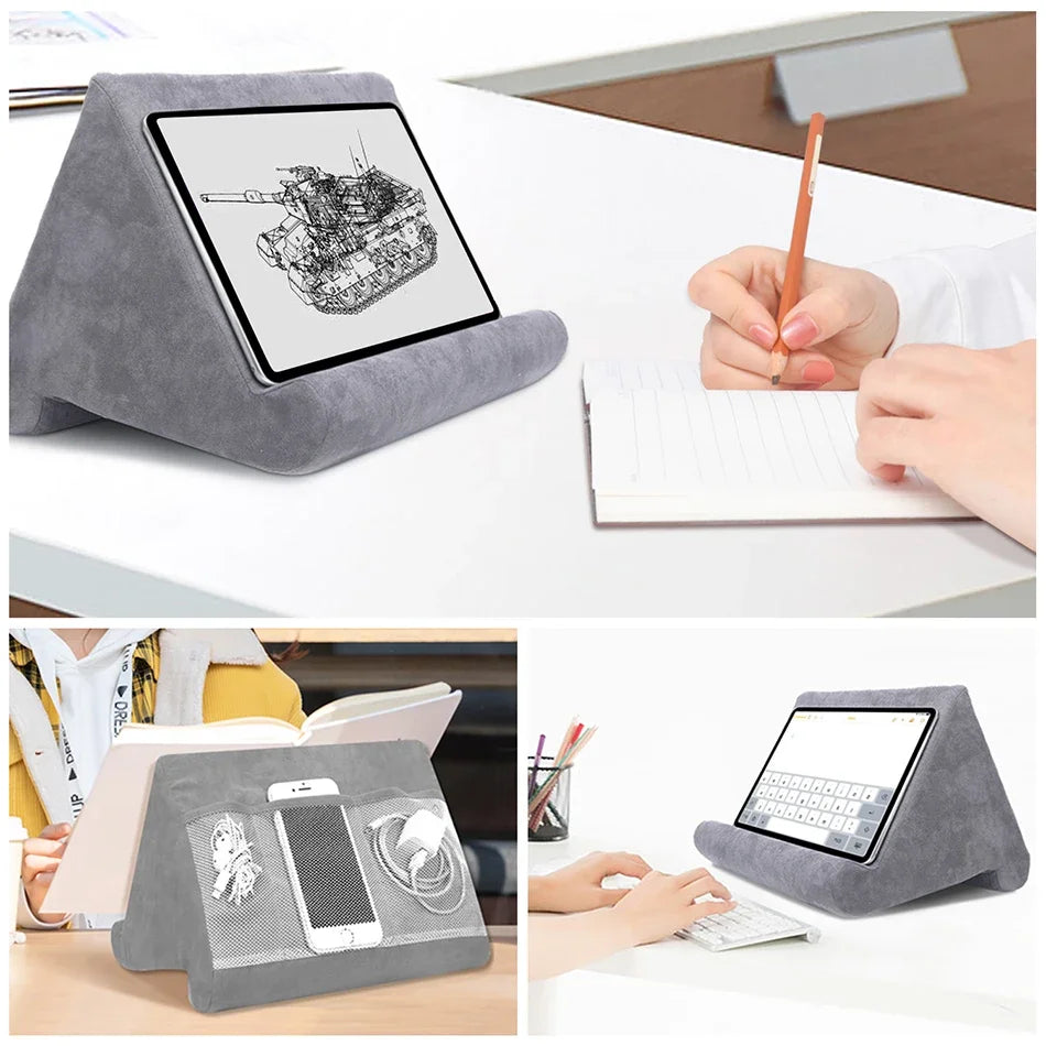 Soft Tablet Pillow Holder with Cable Pocket Pad Tablet Bracket Dock for Lap Bed and Desk for iPad Phone Kindle Reading Stand