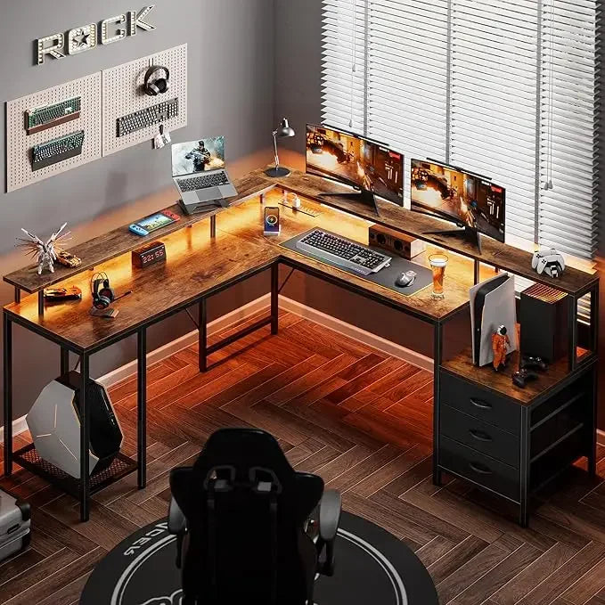 L Shaped Gaming Desk with LED Lights and Power Outlets, Computer Desk with 3 Drawers, 66.1 Inches Corner Desk